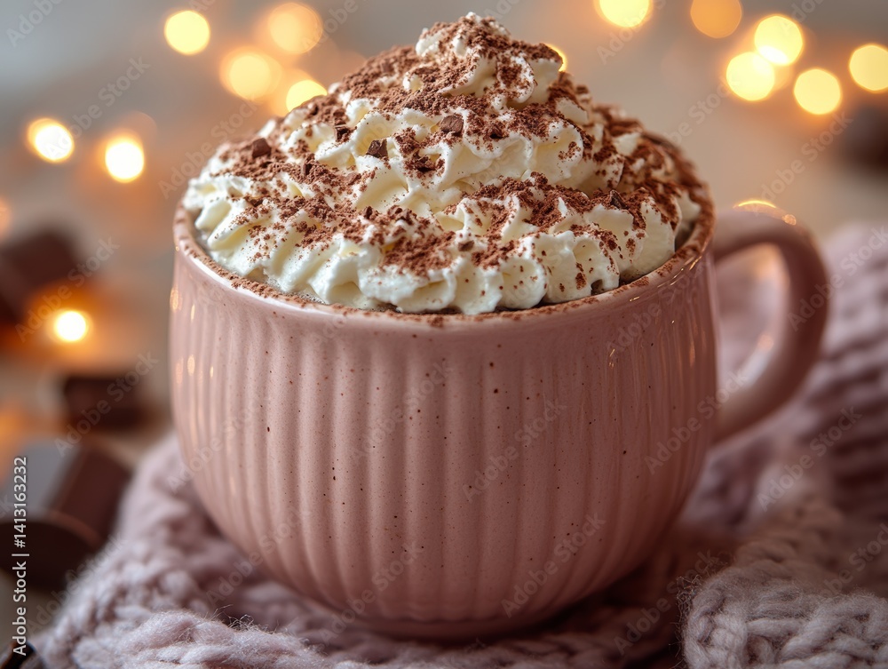 frothy hot chocolate with whipped cream, cocoa powder dusted on top, served in a pastel pink mug, fairy lights softly glowing in the background, inviting winter ambiance frothy hot chocolate with whipped cream, cocoa powder dusted on top, served in a pastel pink mug, fairy lights softly glowing in the background, inviting winter ambiance