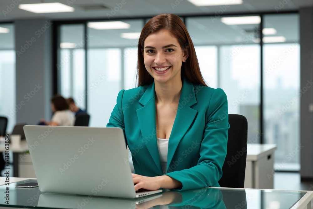 Confident young Caucasian businesswoman wearing a stylish vibrant teal blazer, smiling brightly at the camera while using her laptop computer at an office desk setting
