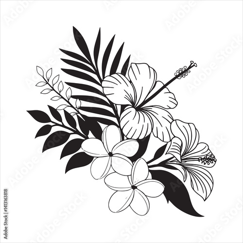 Tropical hibiscus and plumeria floral bouquet in elegant black and white botanical vector illustration