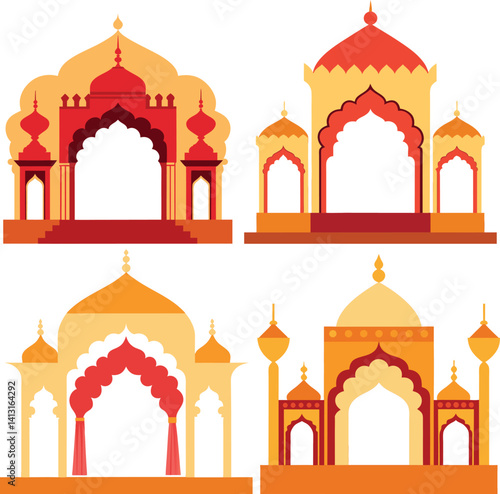 Set Of Rajasthani palace backdrop with ornate arches and jharokhas for a wedding stage, Indian Wedding Decor Vector Design Vector
