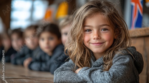 Wallpaper Mural Smiling young girl with wavy hair sits at a table among other children Torontodigital.ca