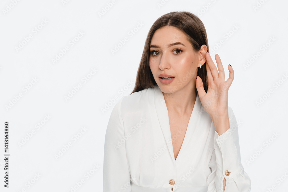 Close up photo of young pretty curious nosy woman lady touch ear doing eavesdropping look novelty, try to hear you overhear listening intently hot news isolated on white color background Close up photo of young pretty curious nosy woman lady touch ear doing eavesdropping look novelty, try to hear you overhear listening intently hot news isolated on white color background