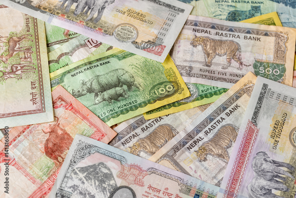 Nepal money. Nepalese rupees. financial background. scattered banknotes. Business economic concept. Animals symbolizing Nepal