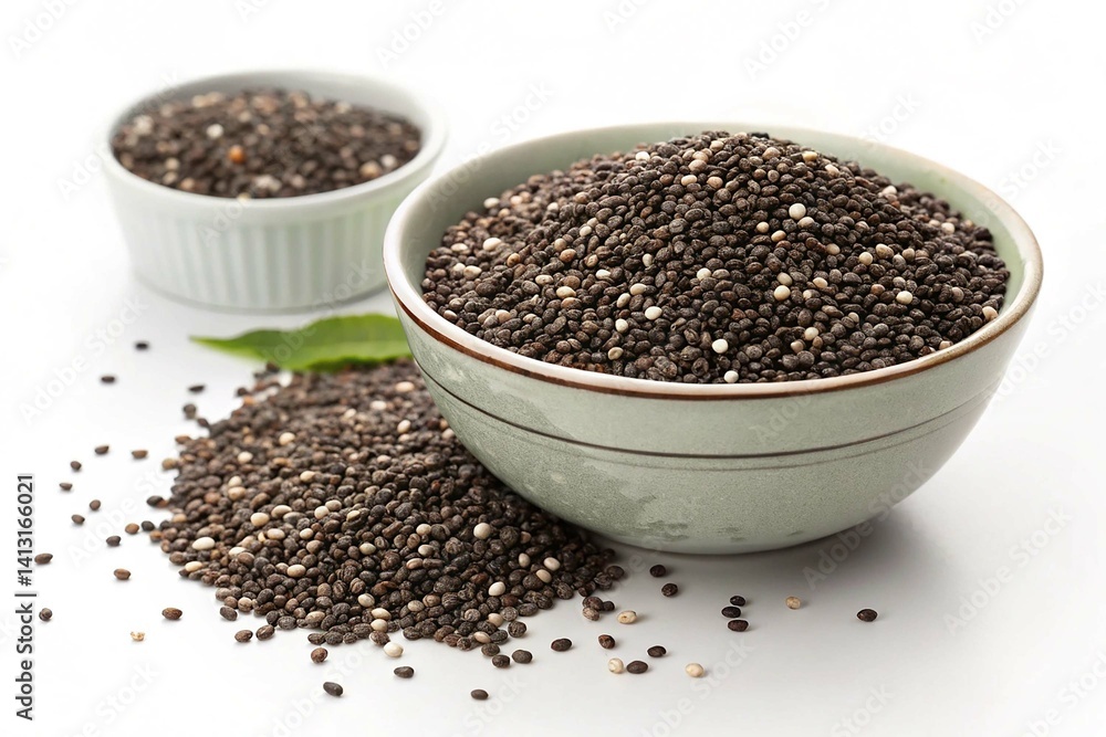 Chia Seeds in a Bowl A Healthy and Nutritious Superfood on white background Chia Seeds in a Bowl A Healthy and Nutritious Superfood on white background