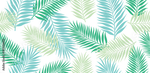 Seamless background with tropical leaves in cartoon style. Vector illustration of beautiful exotic palm leaves of pastel green shades isolated on white background. Plant background. Wrappers, covers.