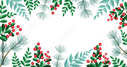 Vector illustration of Christmas background in cartoon style. Christmas banner with twigs, red berries, pine, green leaves isolated on white background. Greetings, holiday card. Plant, floral frame.