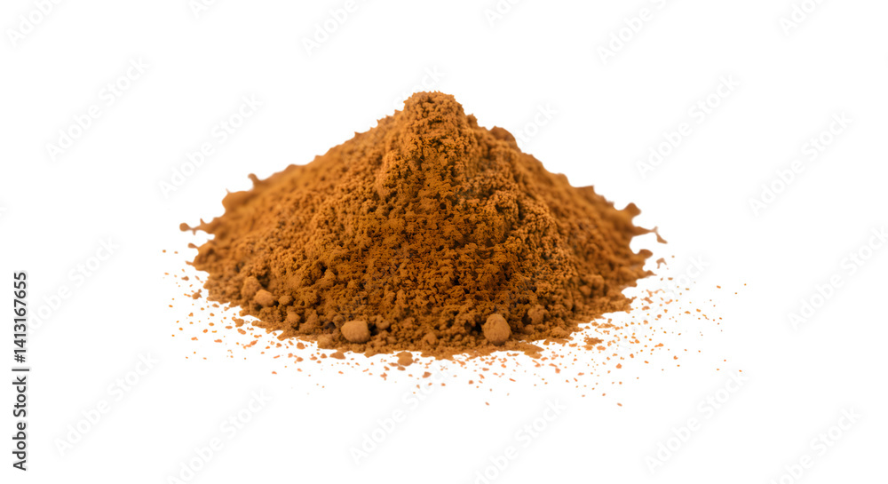 Isolated brown coffee powder forms a fragrant heap on a white background
