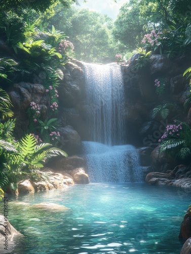 Hidden tropical waterfall cascading into a crystal-clear pool, surrounded by vibrant green ferns and exotic flowers, sunlight filtering through dense jungle foliage, peaceful paradise