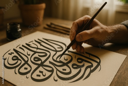 Arabic calligraphy artistry workshop studio creative process indoor close-up
