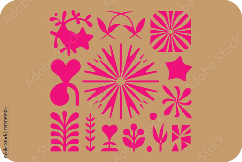 Vibrant Pink Geometric and Floral Shapes Collection, Abstract Design Elements on a Neutral Backdrop.