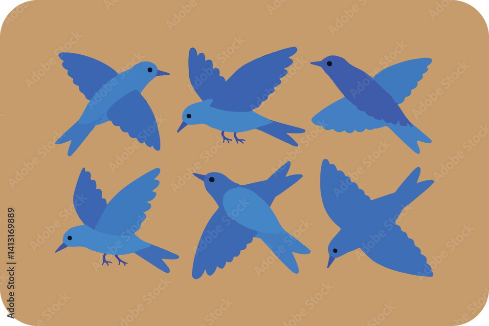 Fototapeta premium Six Bluebirds in Flight, a Collection of Simple Bird Illustrations on a Neutral Background.