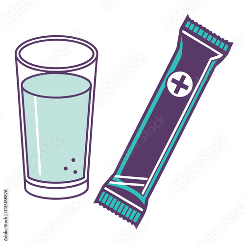 Glass of Water with Supplement Powder Sachet and Plus Sign.