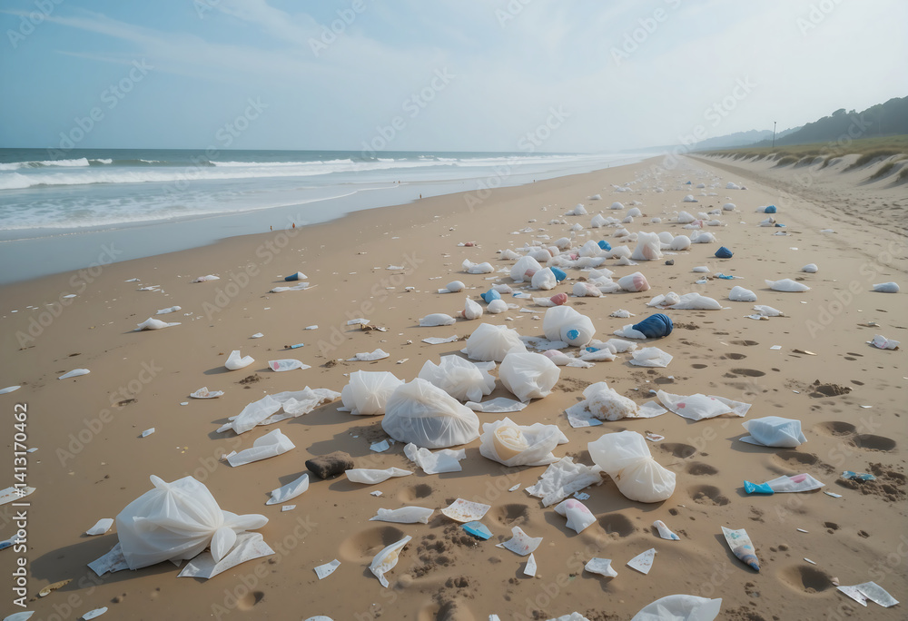 Plastic bags scattered across a beach highlighting pollution and environmental concerns Plastic bags scattered across a beach highlighting pollution and environmental concerns