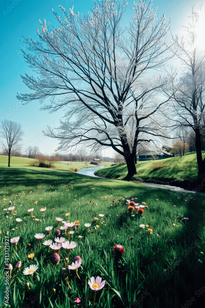 Sunny Spring Meadow with a Meandering Stream