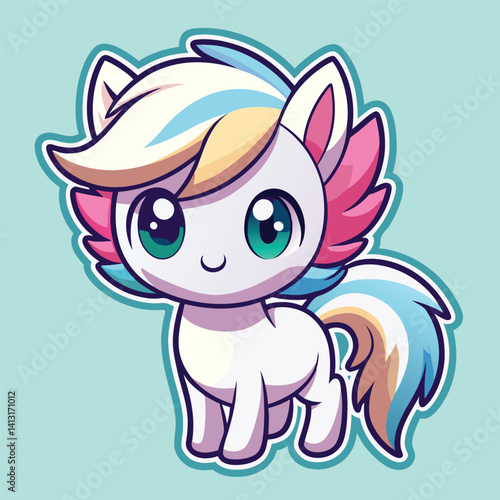 Cute cartoon pony with colorful mane and tail