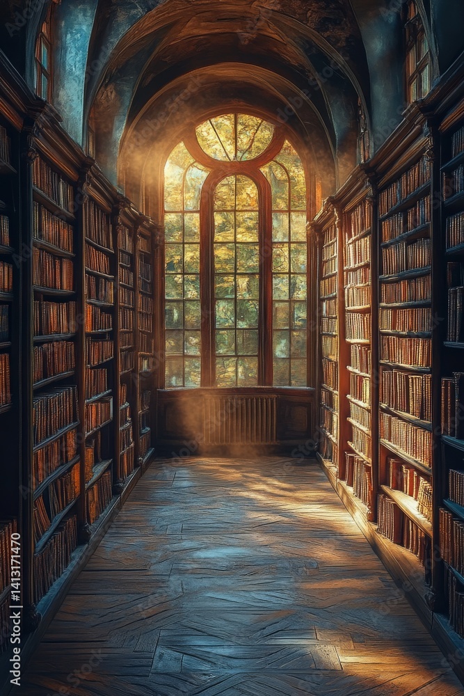 library aisle lined with old books, soft glowing light filtering through tall arched windows, atmospheric dust floating in air, deep warm tones, cinematic depth library aisle lined with old books, soft glowing light filtering through tall arched windows, atmospheric dust floating in air, deep warm tones, cinematic depth