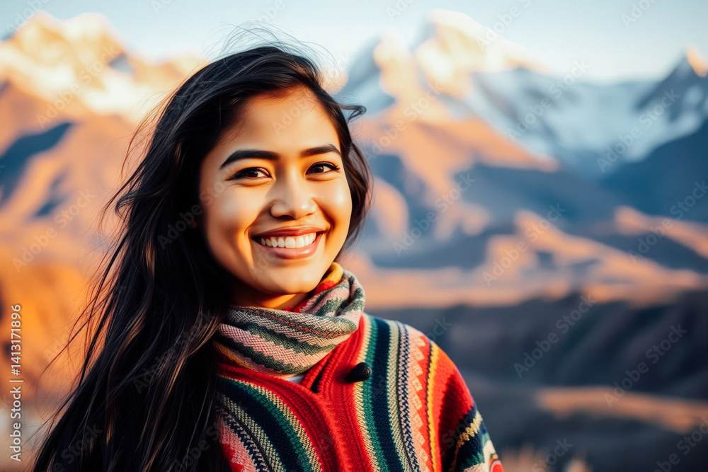 Smiling Woman in Colorful Poncho Mountain Scenery