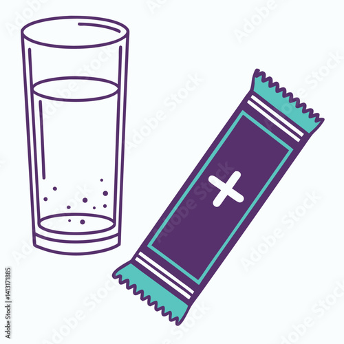 Glass of Water with Supplement Powder Sachet and Plus Sign.