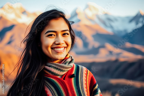 Obraz na płótnie Smiling Woman in Colorful Poncho Mountain Scenery w salonie