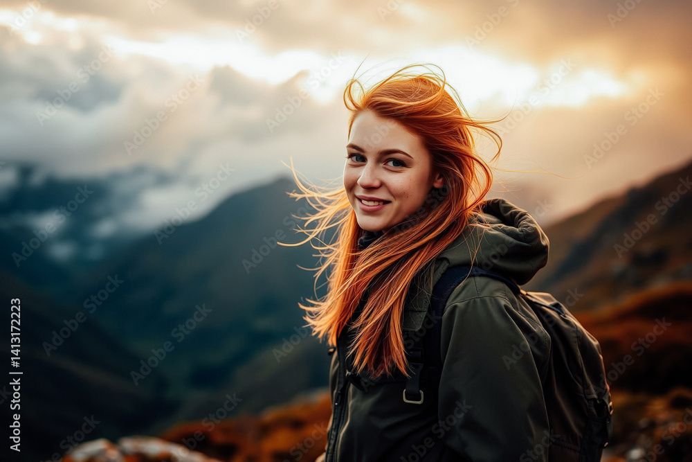 Smiling Woman Hiking in Mountains at Sunset