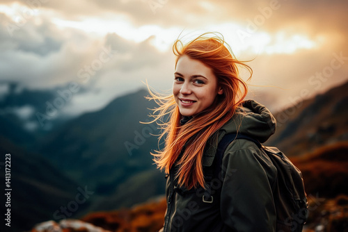 Obraz na płótnie Smiling Woman Hiking in Mountains at Sunset w salonie