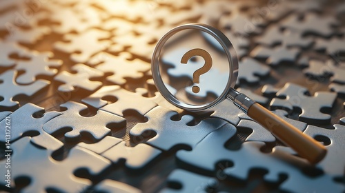 Delving into an intricate abstract puzzle through the lens of a magnifying glass uncovers the curiosity and complexity of each piece