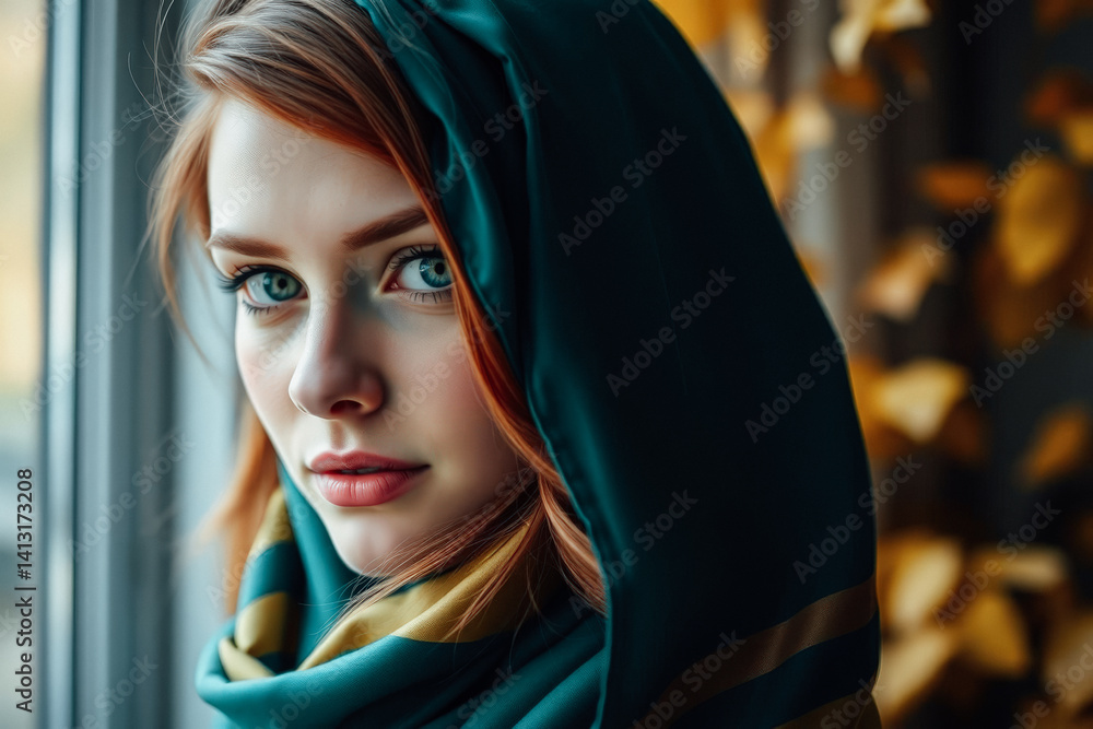 Close-Up Portrait of a Woman in a Teal and Gold Hood
