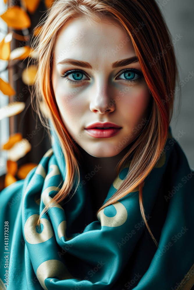 Close-up Portrait of a Woman in Teal Scarf