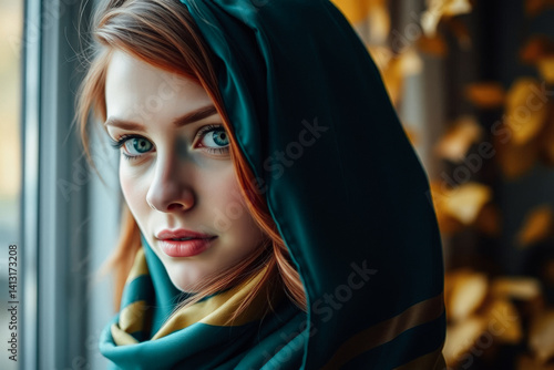 Obraz na płótnie Close-Up Portrait of a Woman in a Teal and Gold Hood w salonie
