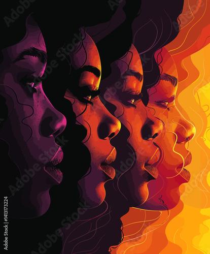 vector art of a gradient of different melanin shades with black women