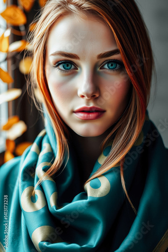 Obraz na płótnie Close-up Portrait of a Woman in Teal Scarf w salonie