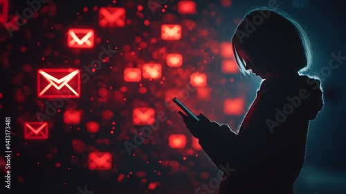 Individual engaged with smartphone against a dark backdrop illuminated by red mail icons, reflecting modern communication in a digital environment