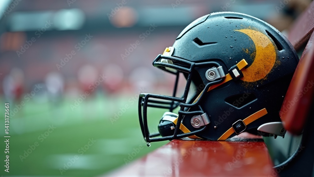 Football helmet with a black and yellow design sits on a bench. The helmet is wet, likely from sweat or rain