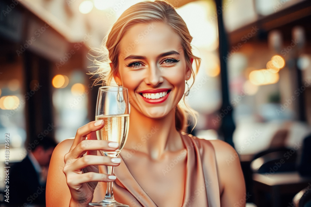 Smiling Woman with Champagne in Outdoor Cafe