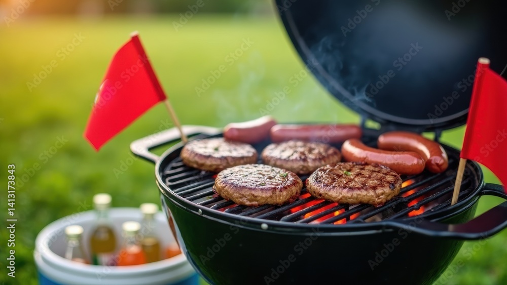 Grill with four hamburgers and hot dogs on it. A red flag is on the grill
