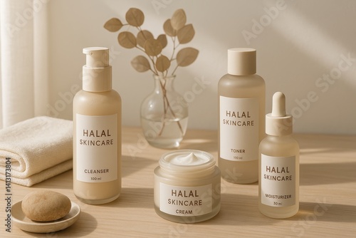 Halal skincare display minimalist studio product showcase serene environment close-up view