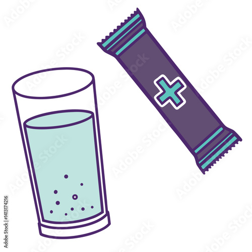 Glass of Water with Supplement Powder Sachet and Plus Sign.