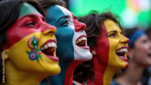 Obraz na płótnie Three women with painted faces are smiling and laughing. They are wearing flags on their faces. Scene is joyful and celebratory w salonie