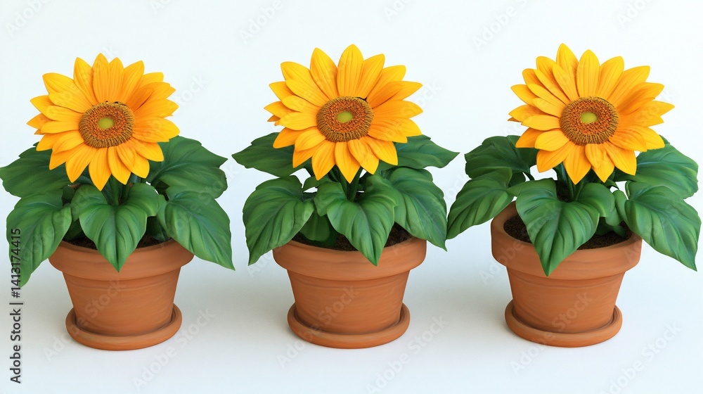 Fototapeta premium Three sunflowers in terracotta pots