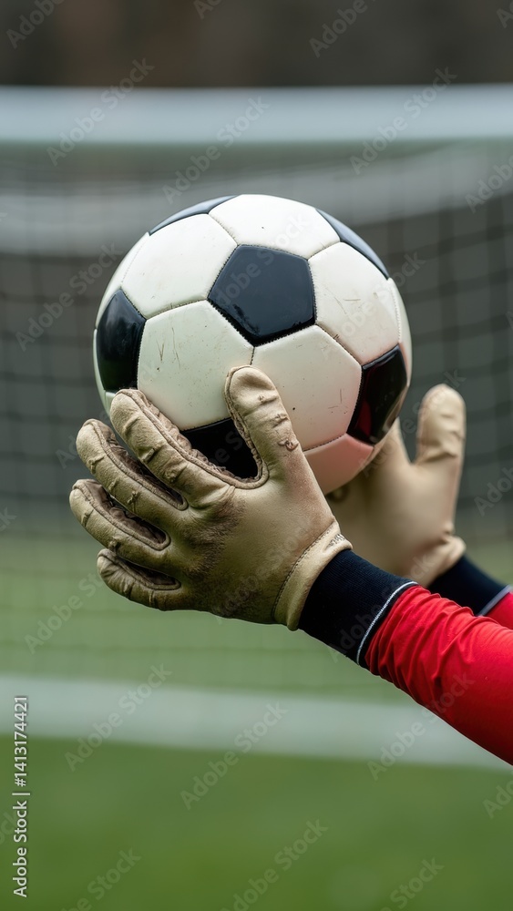 Soccer ball is held by a person wearing gloves. The gloves are dirty and the ball is white and black
