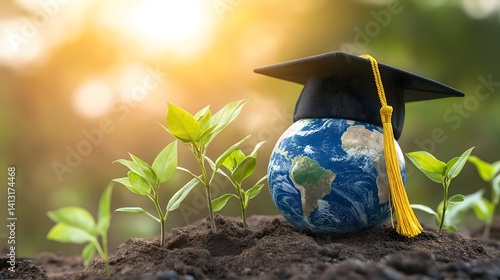 Miniature Earth wearing a graduation cap surrounded by young plants signifies education and environmental awareness