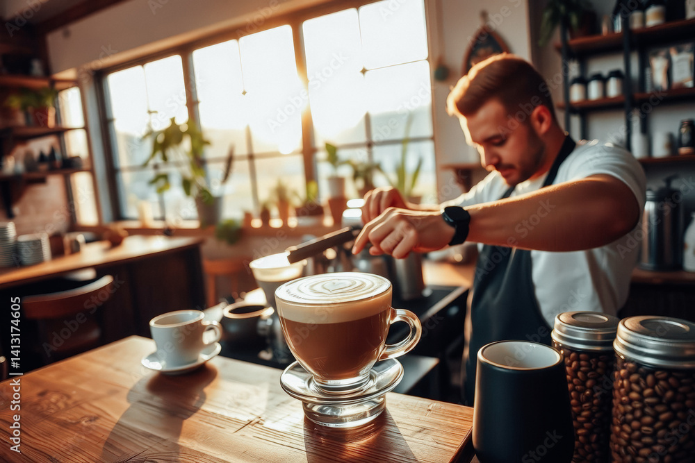 Barista Creating Artistic Latte Art in a Sunny Cafe