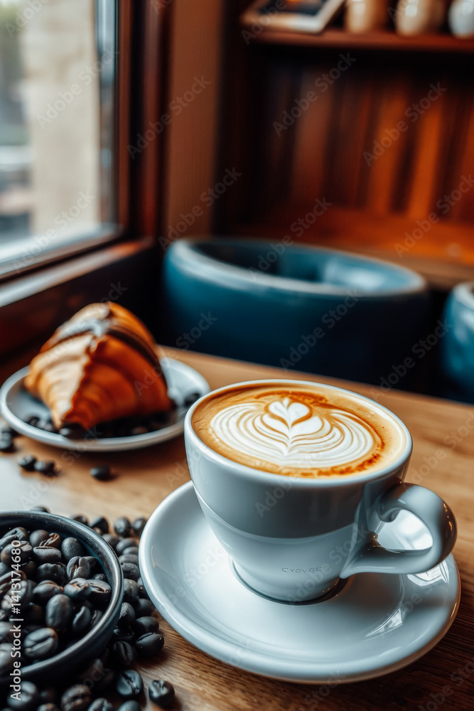 Delicious Latte and Croissant in Cozy Cafe