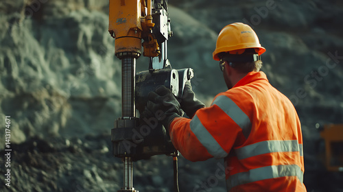 Mining worker using a hydraulic drill at a mining site. Featuring rock drilling and machinery operation