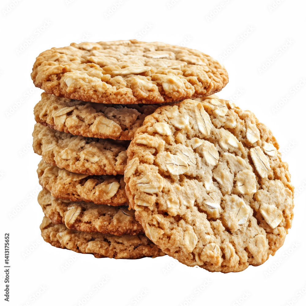 Crispy oatmeal cookies stacked neatly, golden-brown with rough textured surface and visible oat flakes, isolated on transparent background. Crispy oatmeal cookies stacked neatly, golden-brown with rough textured surface and visible oat flakes, isolated on transparent background.
