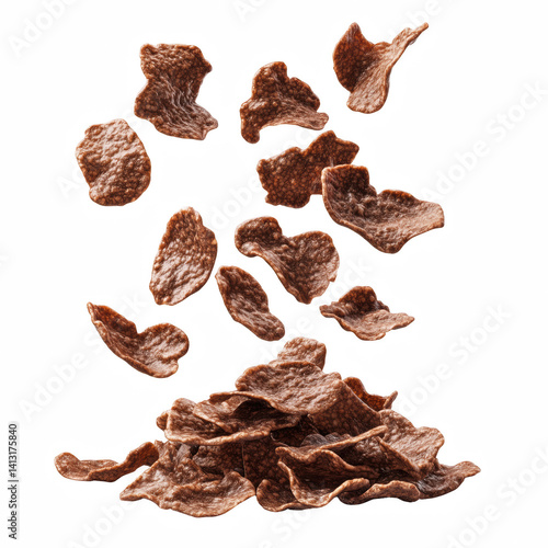 Falling chocolate corn flakes with rich brown color and crisp curved texture, isolated on transparent background.
