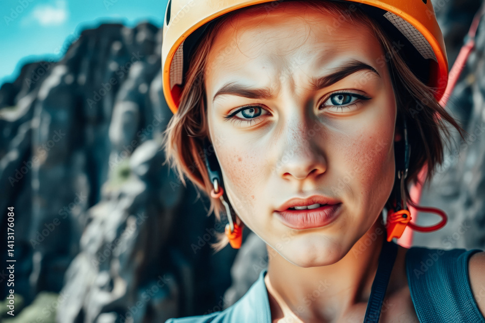 Focused Female Rock Climber with Protective Gear