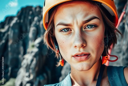 Obraz na płótnie Focused Female Rock Climber with Protective Gear w salonie