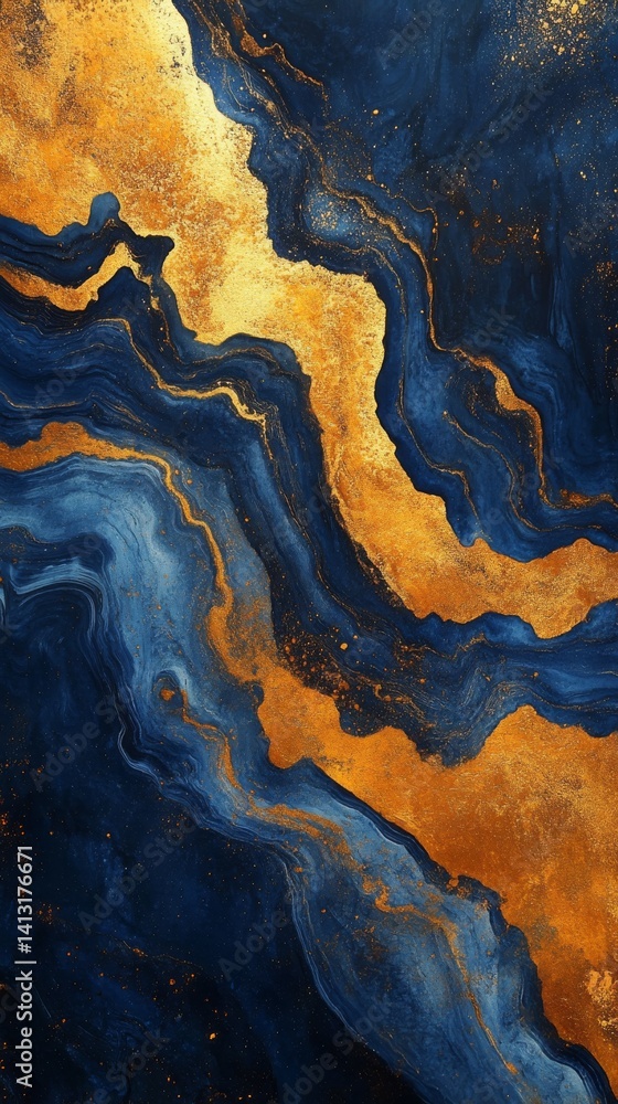 Naklejka premium marbled ink texture in midnight blue and gold, swirling organic patterns with natural fluidity, polished surface with soft light reflections, luxurious aesthetic