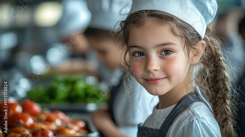 Fototapeta Naklejka Na Ścianę i Meble -  Young Girl Chef in a Culinary Class Focusing on Fresh Ingredients and Preparing Healthy Meals